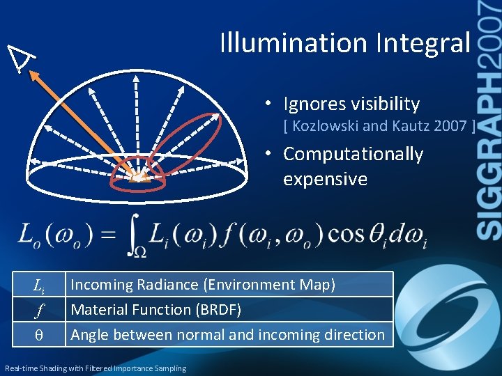 Illumination Integral • Ignores visibility [ Kozlowski and Kautz 2007 ] • Computationally expensive