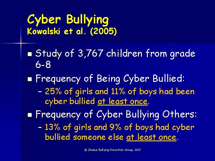 Cyber Bullying Kowalski et al. (2005) n n Study of 3, 767 children from