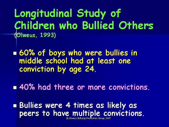 Longitudinal Study of Children who Bullied Others (Olweus, 1993) n n n 60% of