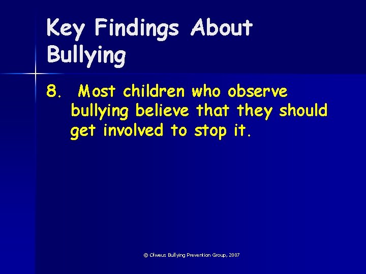 Key Findings About Bullying 8. Most children who observe bullying believe that they should