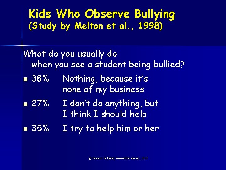 Kids Who Observe Bullying (Study by Melton et al. , 1998) What do you