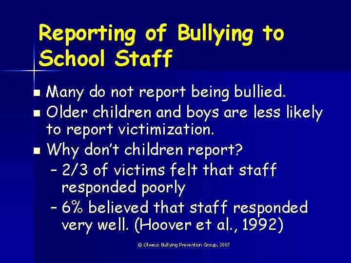 Reporting of Bullying to School Staff n n n Many do not report being