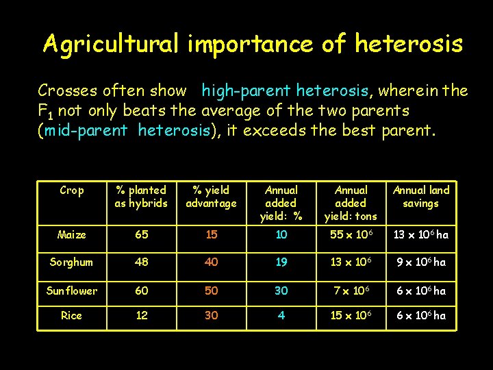 Agricultural importance of heterosis Crosses often show high-parent heterosis, wherein the F 1 not