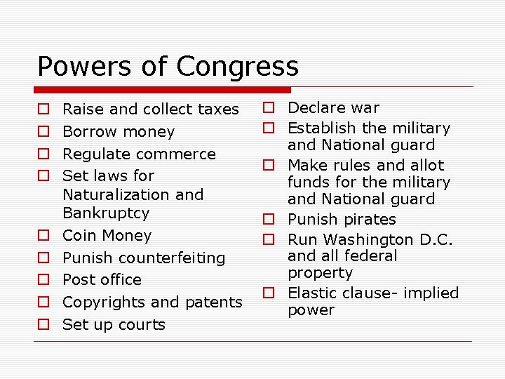 Powers of Congress o o o o o Raise and collect taxes Borrow money