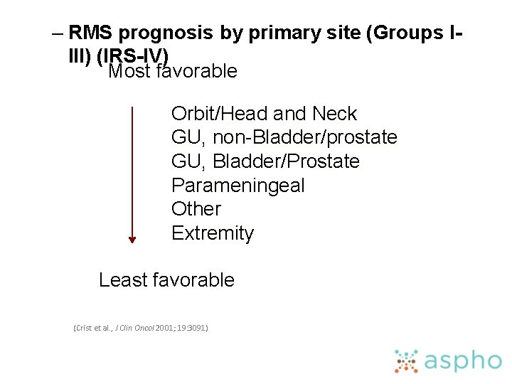 – RMS prognosis by primary site (Groups IIII) (IRS-IV) Most favorable Orbit/Head and Neck