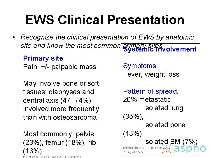 EWS Clinical Presentation • Recognize the clinical presentation of EWS by anatomic site and