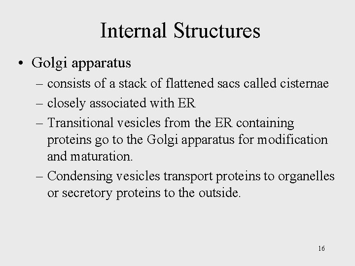 Internal Structures • Golgi apparatus – consists of a stack of flattened sacs called