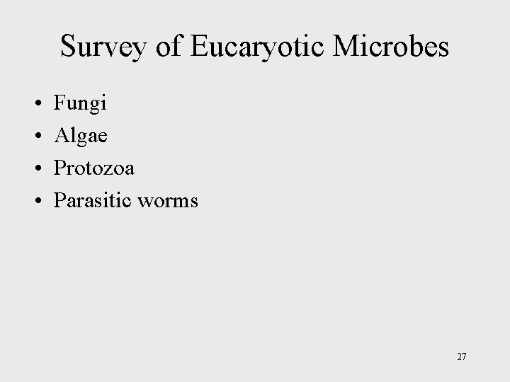 Survey of Eucaryotic Microbes • • Fungi Algae Protozoa Parasitic worms 27 