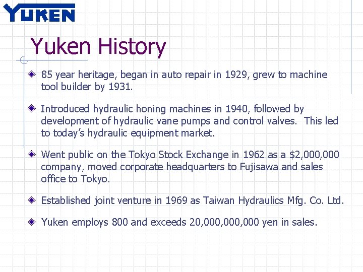Yuken History 85 year heritage, began in auto repair in 1929, grew to machine