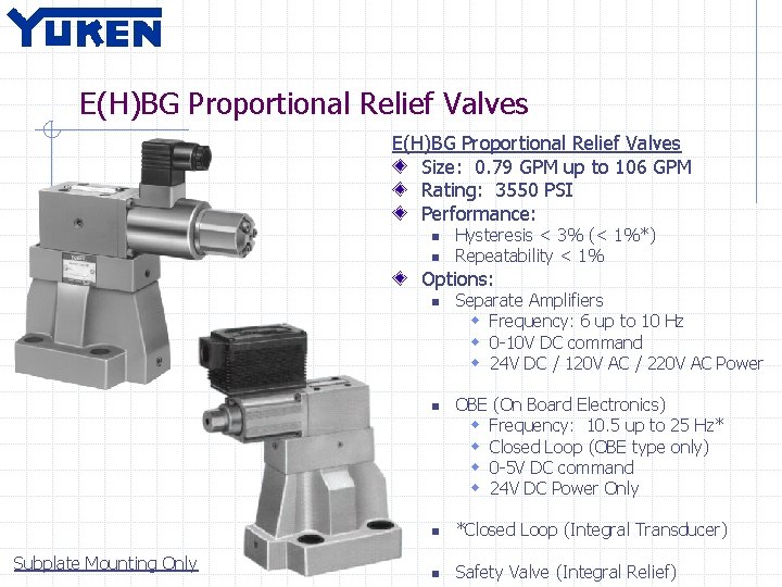 E(H)BG Proportional Relief Valves Size: 0. 79 GPM up to 106 GPM Rating: 3550