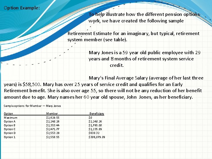 Option Example: To help illustrate how the different pension options work, we have created