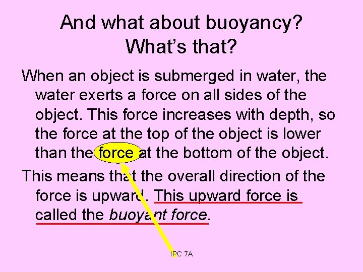 And what about buoyancy? What’s that? When an object is submerged in water, the