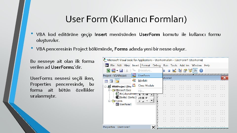 User Form (Kullanıcı Formları) • VBA kod editörüne geçip Insert menüsünden User. Form komutu