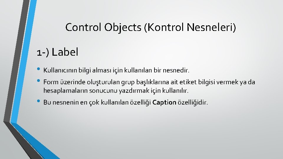 Control Objects (Kontrol Nesneleri) 1 -) Label • Kullanıcının bilgi alması için kullanılan bir