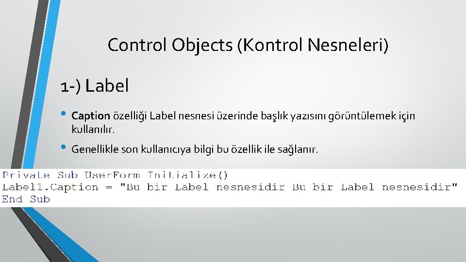 Control Objects (Kontrol Nesneleri) 1 -) Label • Caption özelliği Label nesnesi üzerinde başlık