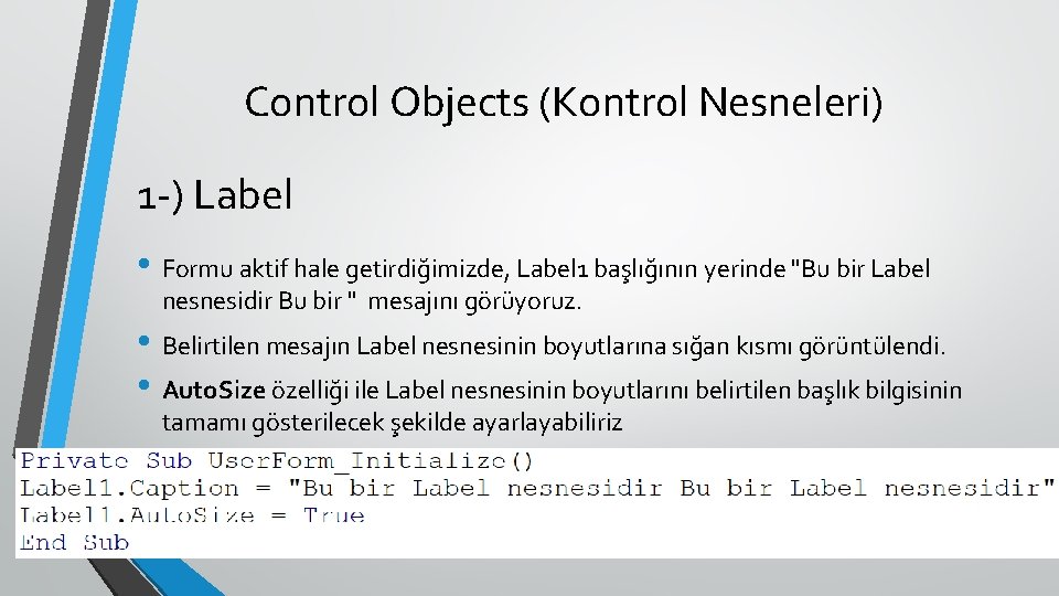Control Objects (Kontrol Nesneleri) 1 -) Label • Formu aktif hale getirdiğimizde, Label 1