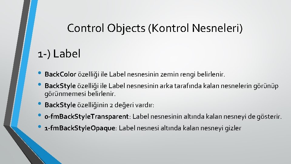 Control Objects (Kontrol Nesneleri) 1 -) Label • Back. Color özelliği ile Label nesnesinin