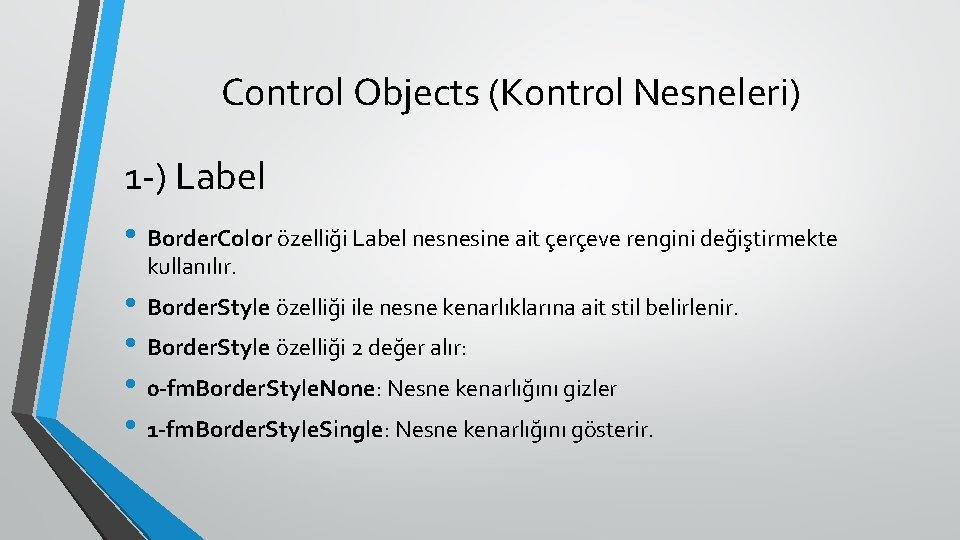 Control Objects (Kontrol Nesneleri) 1 -) Label • Border. Color özelliği Label nesnesine ait