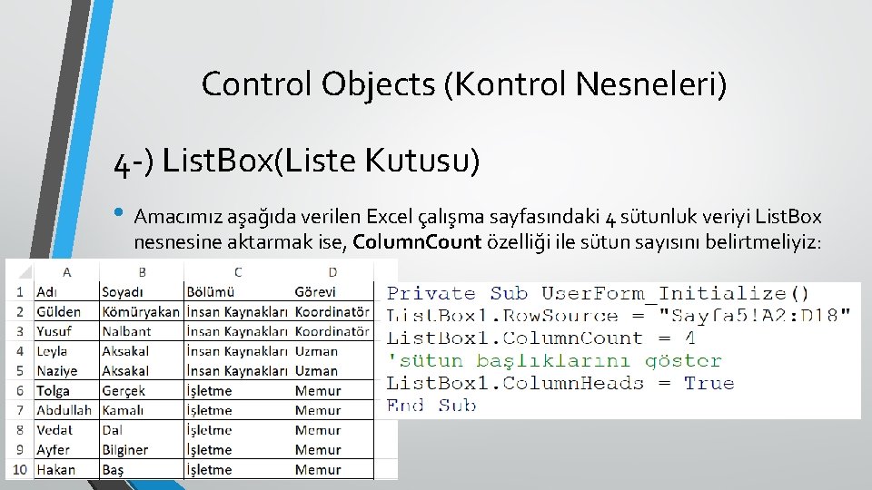 Control Objects (Kontrol Nesneleri) 4 -) List. Box(Liste Kutusu) • Amacımız aşağıda verilen Excel