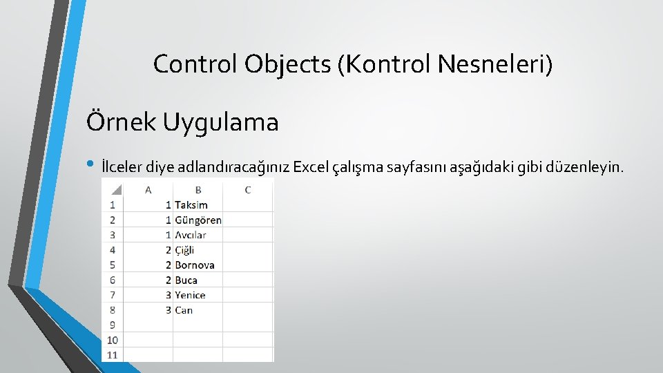 Control Objects (Kontrol Nesneleri) Örnek Uygulama • İlceler diye adlandıracağınız Excel çalışma sayfasını aşağıdaki