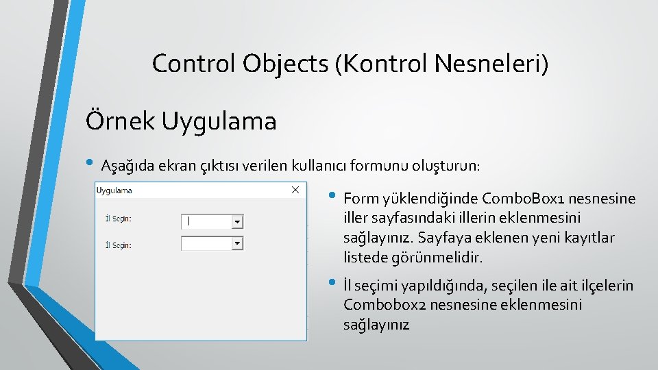Control Objects (Kontrol Nesneleri) Örnek Uygulama • Aşağıda ekran çıktısı verilen kullanıcı formunu oluşturun:
