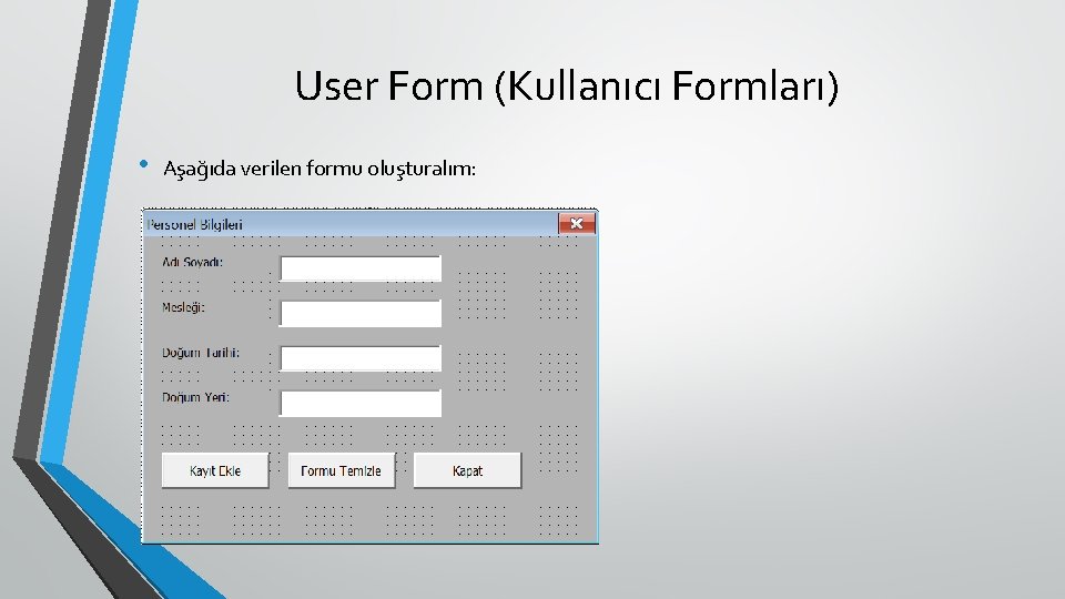 User Form (Kullanıcı Formları) • Aşağıda verilen formu oluşturalım: 