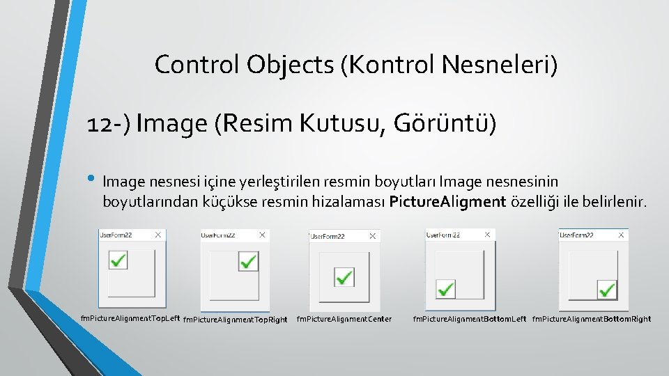 Control Objects (Kontrol Nesneleri) 12 -) Image (Resim Kutusu, Görüntü) • Image nesnesi içine