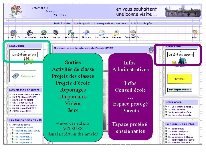 Sorties Activités de classe Projets des classes Projets d’école Reportages Diaporamas Vidéos Jeux Infos