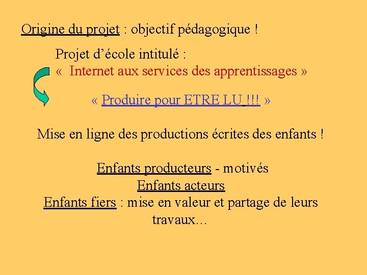 Origine du projet : objectif pédagogique ! Projet d’école intitulé : « Internet aux