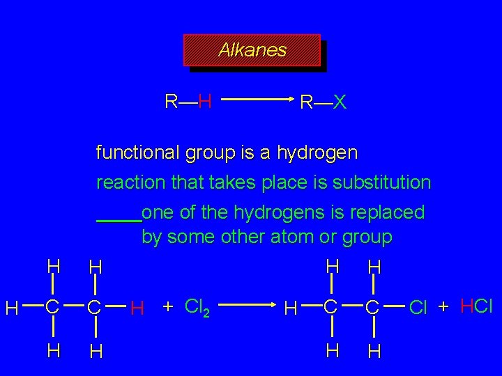 Alkanes R—H R—X functional group is a hydrogen reaction that takes place is substitution
