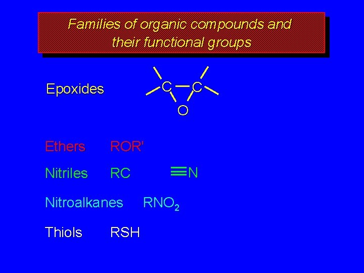 Families of organic compounds and their functional groups C Epoxides C O Ethers ROR'