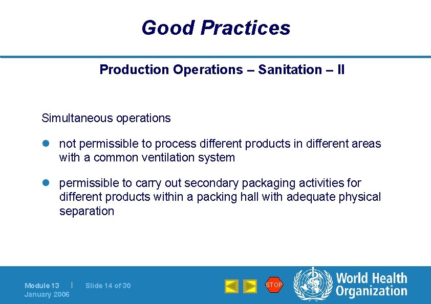 Good Practices Production Operations – Sanitation – II Simultaneous operations l not permissible to