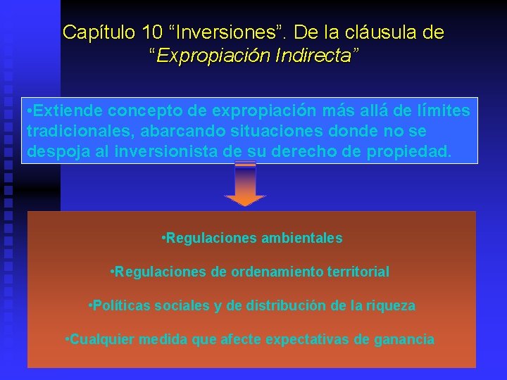 Capítulo 10 “Inversiones”. De la cláusula de “Expropiación Indirecta” • Extiende concepto de expropiación