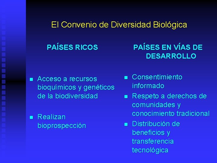 El Convenio de Diversidad Biológica PAÍSES EN VÍAS DE DESARROLLO PAÍSES RICOS n n