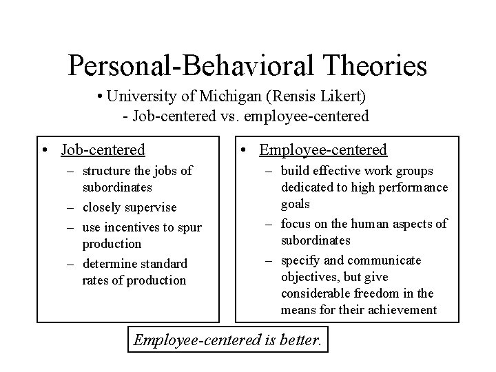 Personal-Behavioral Theories • University of Michigan (Rensis Likert) - Job-centered vs. employee-centered • Job-centered