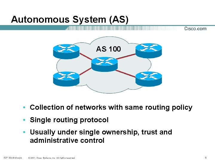 Autonomous System (AS) AS 100 • Collection of networks with same routing policy •
