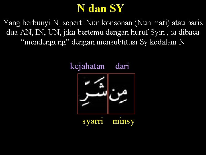 N dan SY Yang berbunyi N, seperti Nun konsonan (Nun mati) atau baris dua