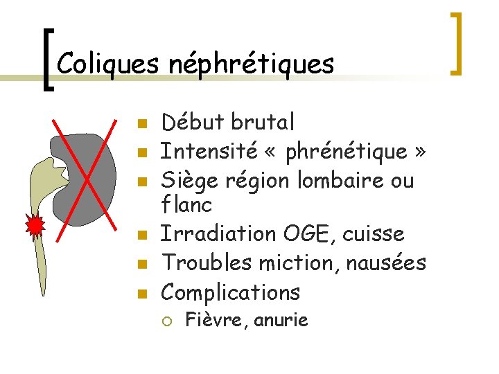 Coliques néphrétiques n n n Début brutal Intensité « phrénétique » Siège région lombaire