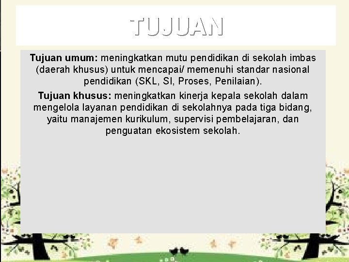 TUJUAN Tujuan umum: meningkatkan mutu pendidikan di sekolah imbas (daerah khusus) untuk mencapai/ memenuhi