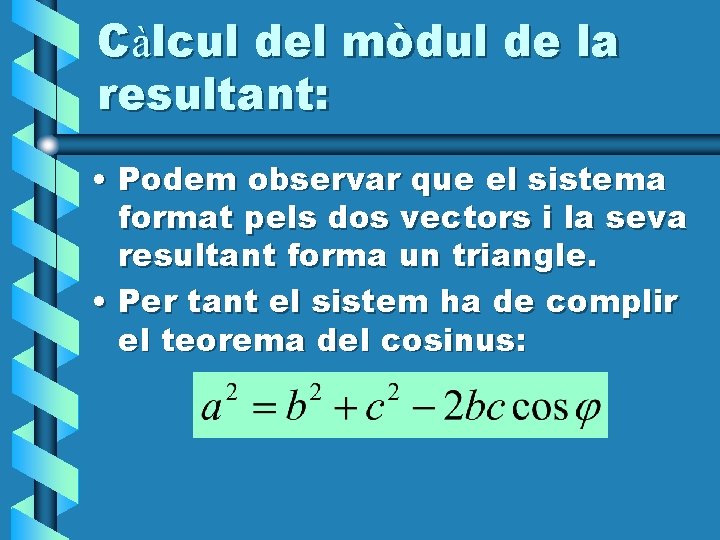 Càlcul del mòdul de la resultant: • Podem observar que el sistema format pels