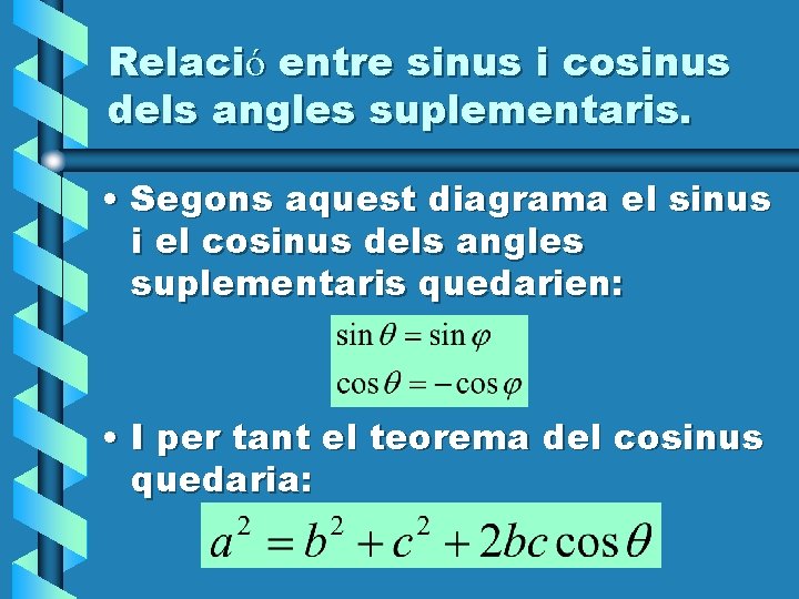 Relació entre sinus i cosinus dels angles suplementaris. • Segons aquest diagrama el sinus