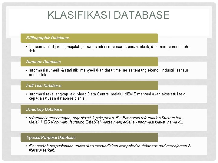 KLASIFIKASI DATABASE Bliliographic Database • Kutipan artikel jurnal, majalah, koran, studi riset pasar, laporan