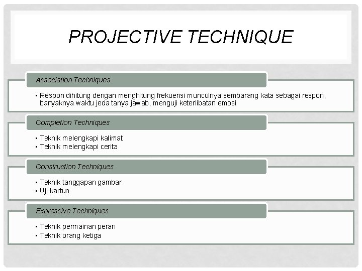 PROJECTIVE TECHNIQUE Association Techniques • Respon dihitung dengan menghitung frekuensi munculnya sembarang kata sebagai