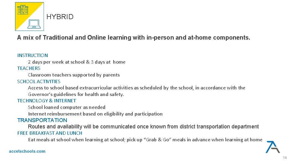 HYBRID A mix of Traditional and Online learning with in-person and at-home components. INSTRUCTION