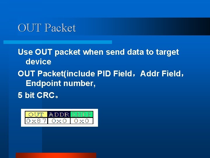 OUT Packet Use OUT packet when send data to target device OUT Packet(include PID OUT Packet Use OUT packet when send data to target device OUT Packet(include PID