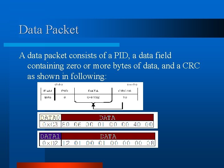 Data Packet A data packet consists of a PID, a data field containing zero Data Packet A data packet consists of a PID, a data field containing zero