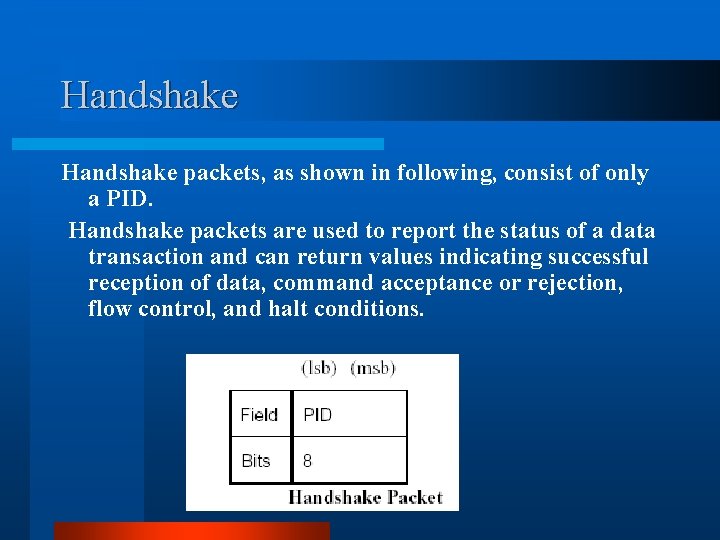 Handshake packets, as shown in following, consist of only a PID. Handshake packets are Handshake packets, as shown in following, consist of only a PID. Handshake packets are