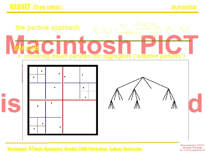 GADGET (Tree code) : the particle approach in practice G mn mm Fn (rn)