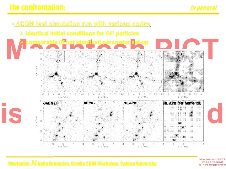 the confrontation: in general • LCDM test simulation run with various codes Ø identical