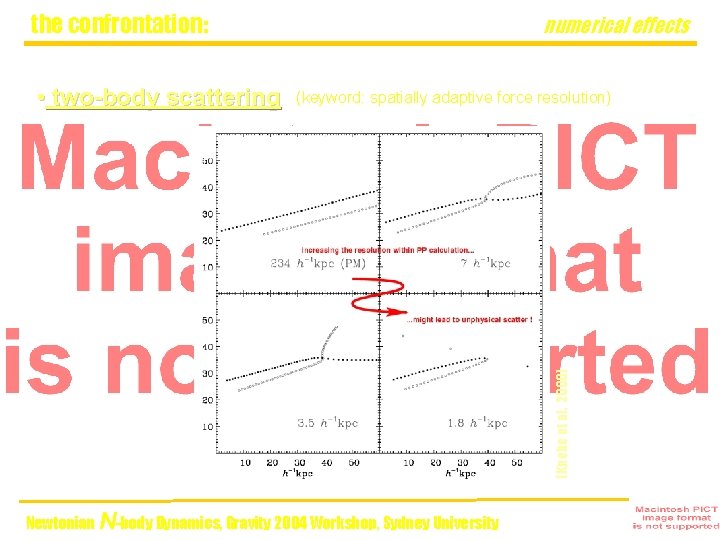 the confrontation: (keyword: spatially adaptive force resolution) (Knebe et al. 2000) • two-body scattering